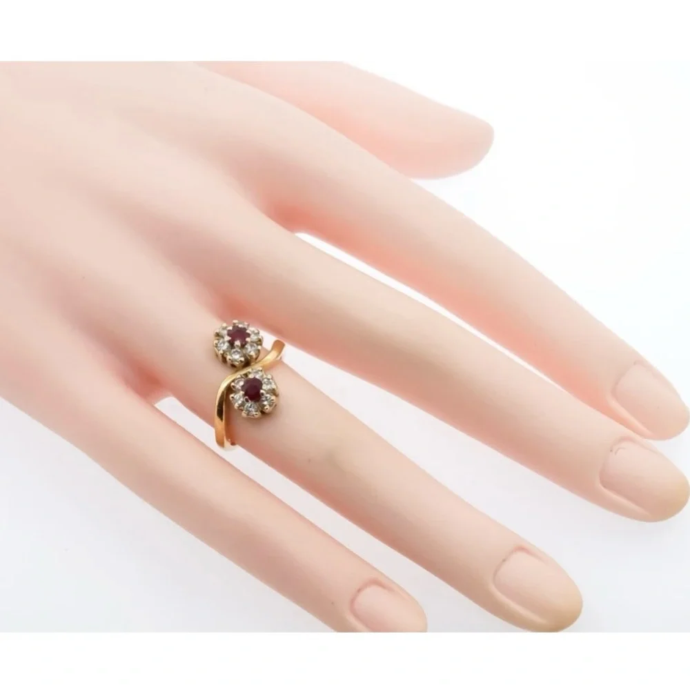 Vintage 14kp Yellow Gold Diamond Ruby Toi et Moi Ring - Picture 5 of 6